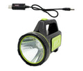 Green USB-rechargeable LED flashlight with dual-mode light function on a table.