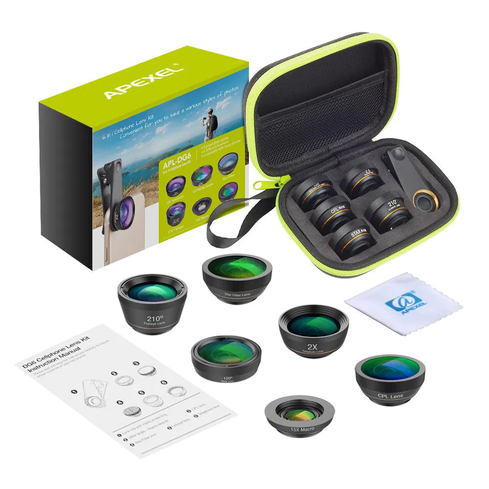 Black 6-in-1 smartphone camera lens kit with fisheye, wide-angle, macro, telephoto, CPL and star filter lenses and universal clip