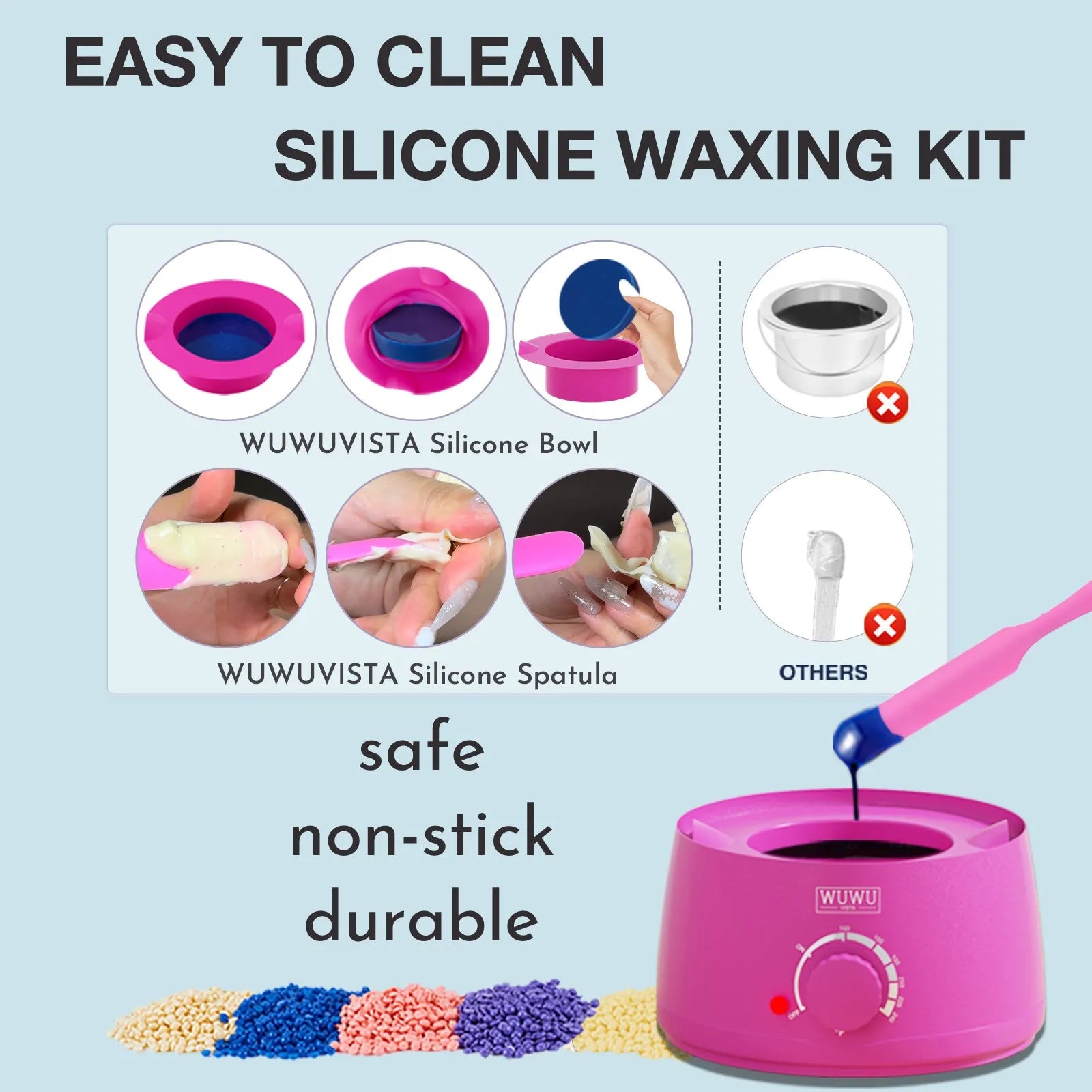 WUWUVISTA 63-piece waxing kit with black wax warmer, wax beads, applicator sticks, and lotion