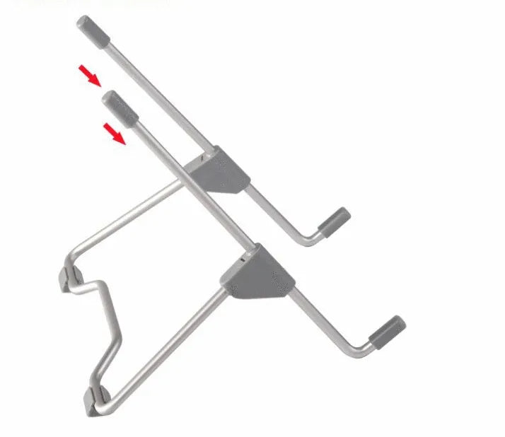 Space grey aluminium alloy adjustable stand holding a mobile phone and a laptop on a desk.