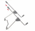 Space grey aluminium alloy adjustable stand holding a mobile phone and a laptop on a desk.
