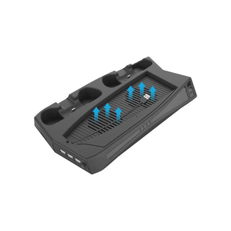 Black PS5 charging cooling base with USB hub, dual controller charging stations, and cooling fan