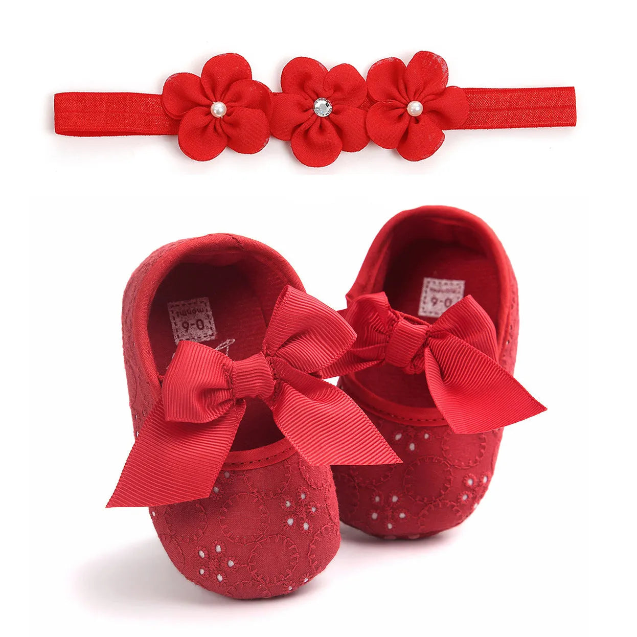 Soft sole pink baby princess shoes for infants shown next to size tags for 11cm, 12cm, and 13cm.