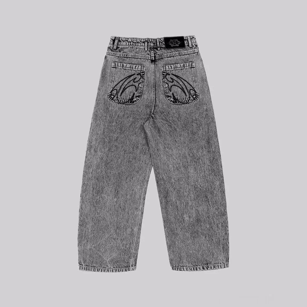 Grey loose straight-leg denim trousers for men and women with mid-waist fit