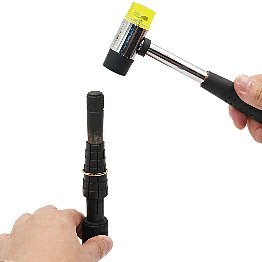 Ring expansion tool with stretcher mechanism and rubber hammer for jewellery size adjustment