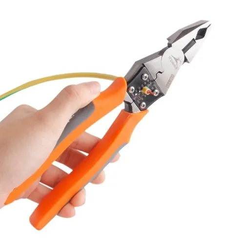 Orange multi-function wire cutter pliers with chrome steel head and plastic grip.