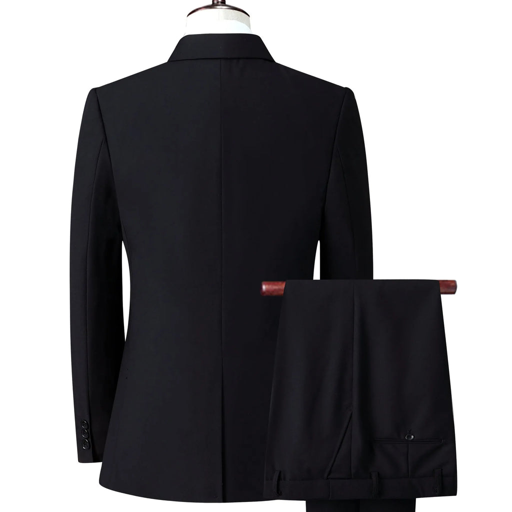 Men's slim fit business suit in black with coat and trousers on a hanger