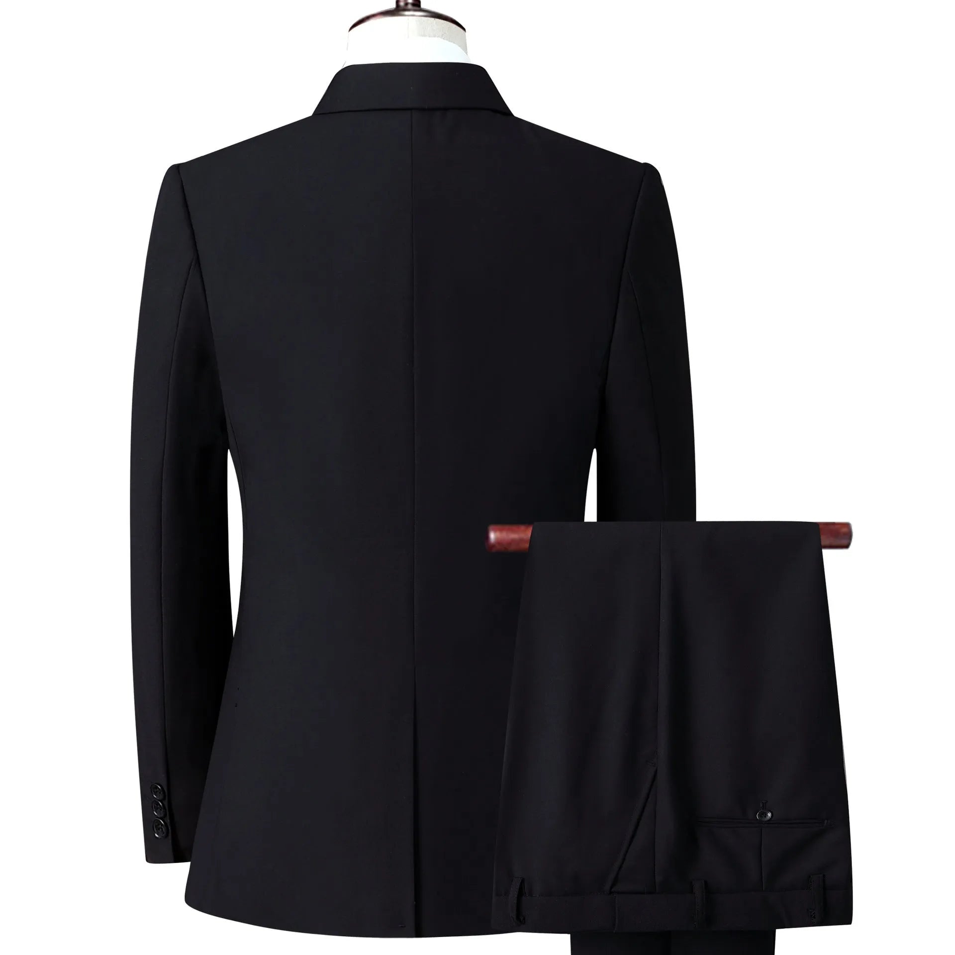Men's slim fit business suit in black with coat and trousers on a hanger