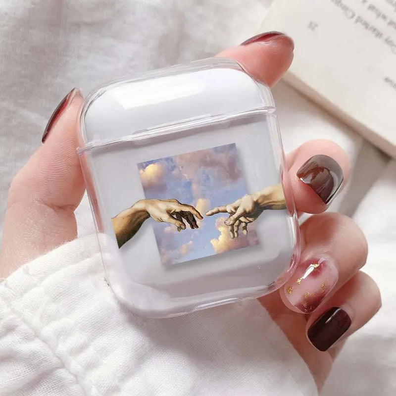 Transparent plastic protective cover on an Apple AirPods Pro charging case.