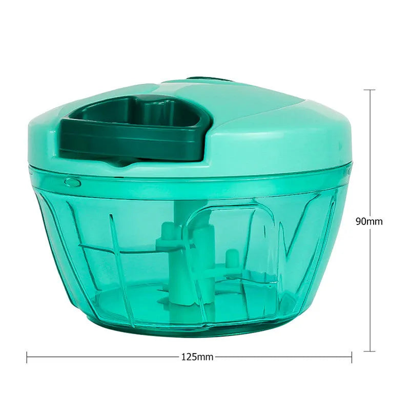 Green manual food chopper with three stainless steel blades and 500ml ABS container