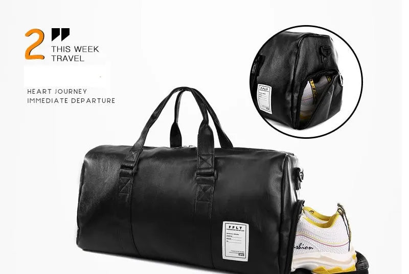 Black unisex waterproof sports bag with a separate shoe compartment and diagonal straps.