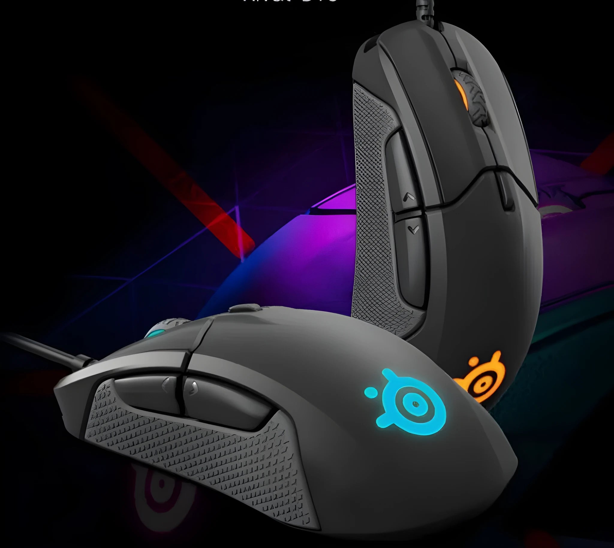 Wired mechanical gaming mouse in black with ergonomic shape, 12000 DPI, six buttons, and USB cable