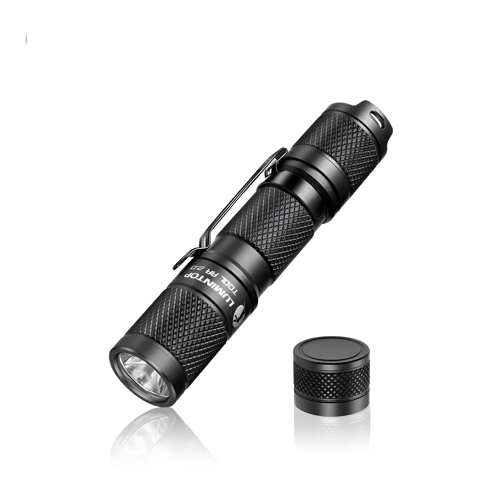 Black Lumintop Tool AA2.0 compact aluminium flashlight with keychain and magnetic tail cap.