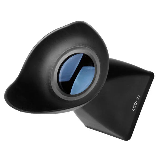 Black camera LCD viewfinder magnifier attached to a DSLR, showing 180-degree rotation.