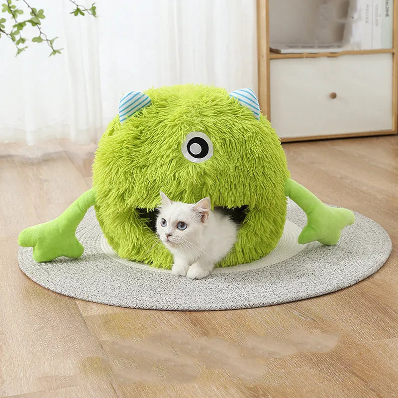 Round soft plush cat bed with non-slip bottom in three size options