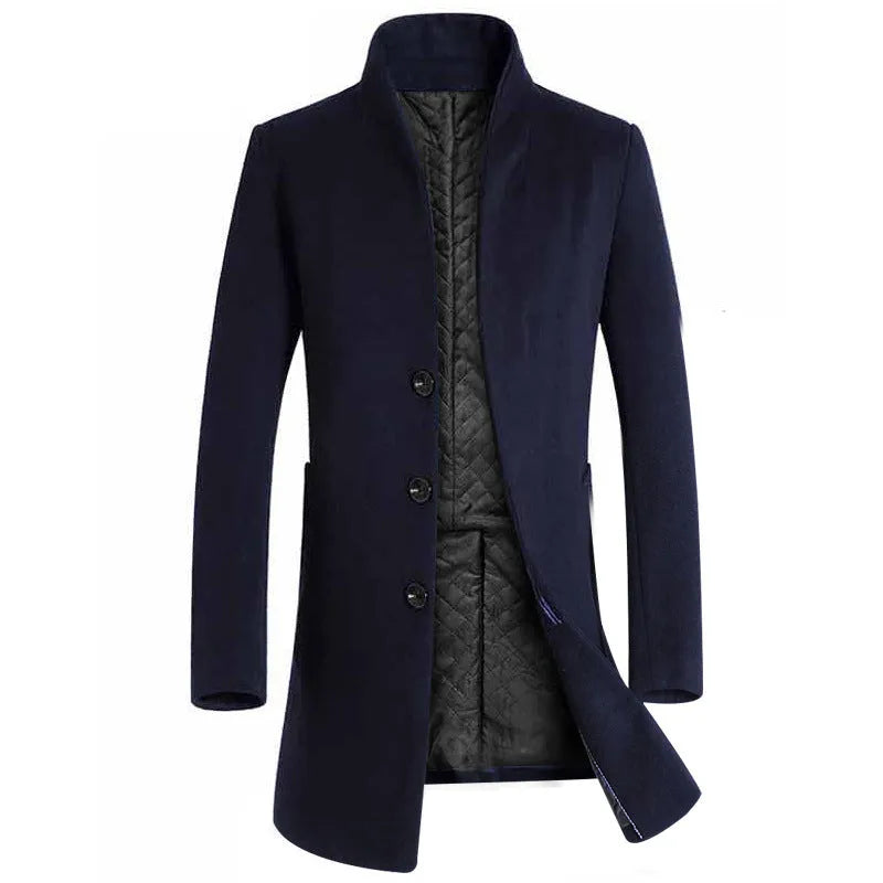 Men's long woolen trench coat in 825 Navy with notched lapel, single-breasted front, long sleeves, size M to 5XL