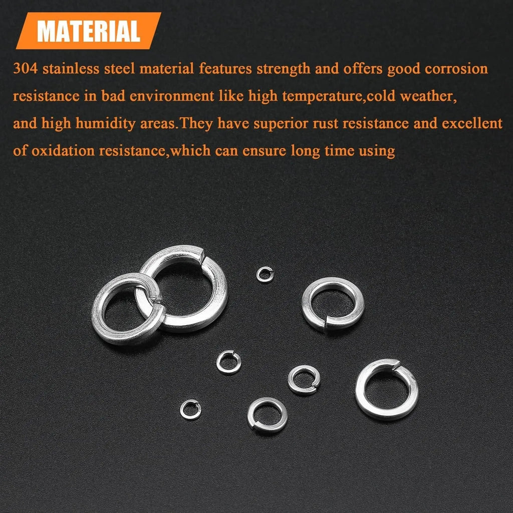 Open box showing assorted 304 stainless steel spring lock washers and a gasket tool.