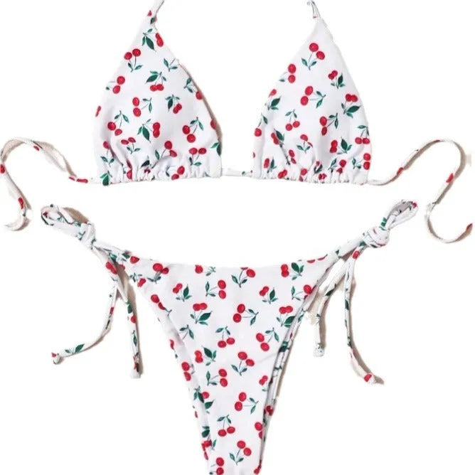 Holiday split halter bikini swimwear set with briefs style bottoms in solid colour