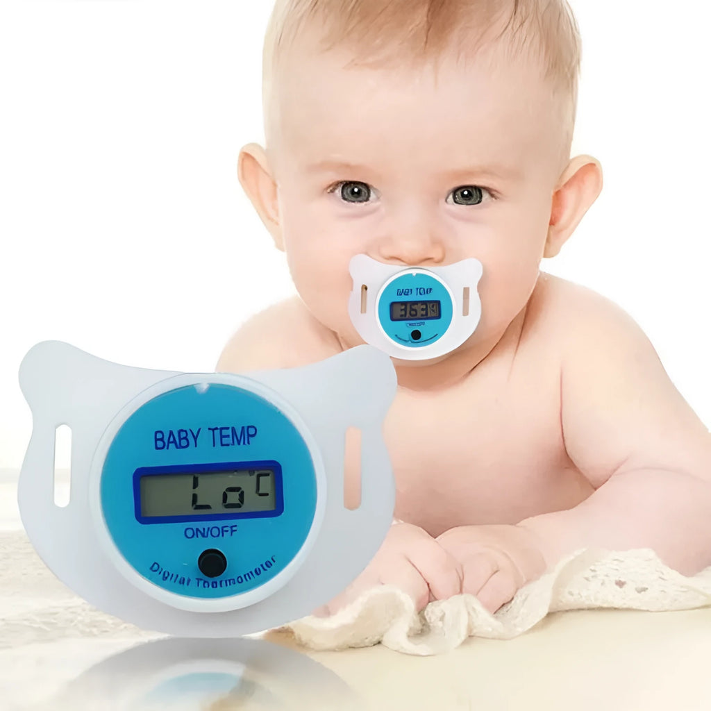 Blue and pink digital baby pacifier thermometers showing LCD temperature display