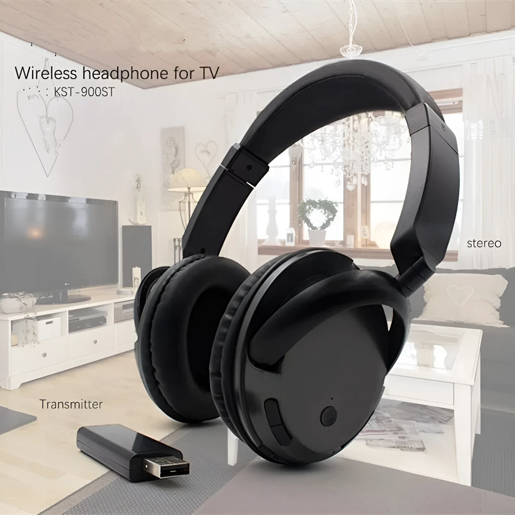 Black stereo wireless headset with USB FM transmitter and 3.5mm audio cable for 30-metre wireless range