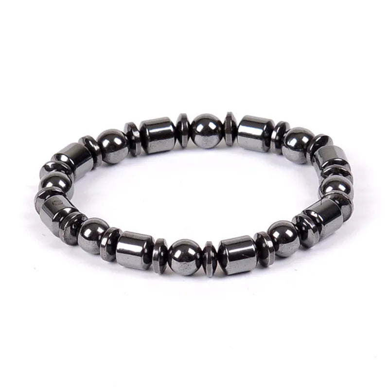 Black stretch magnetic therapy bracelet with pentagram magnetite and hematite stones for women and men