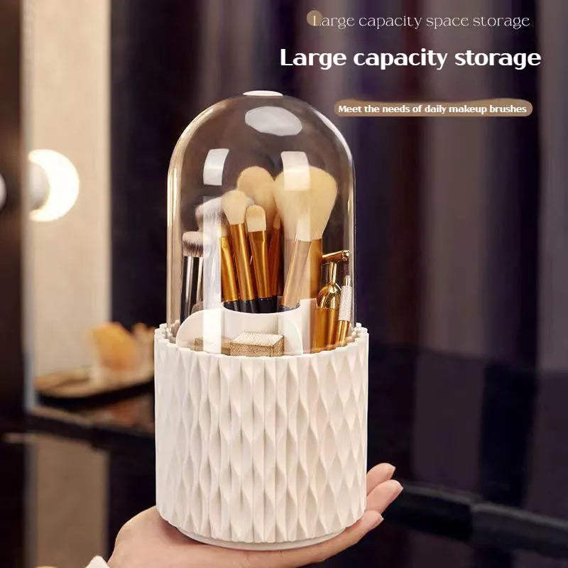 White rotating transparent makeup brush holder with dustproof lid on desktop