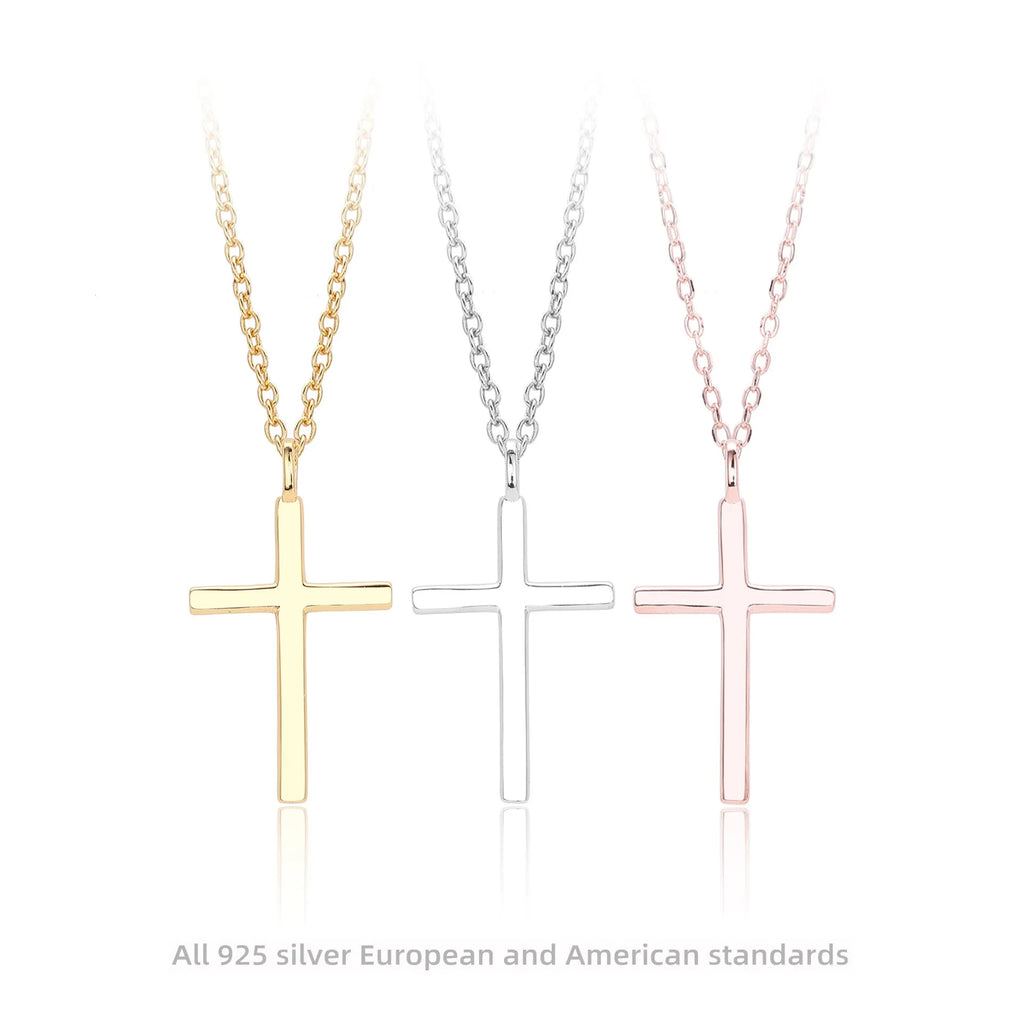 S925 sterling silver cross pendant necklace on an adjustable O‑link chain in a glossy finish.