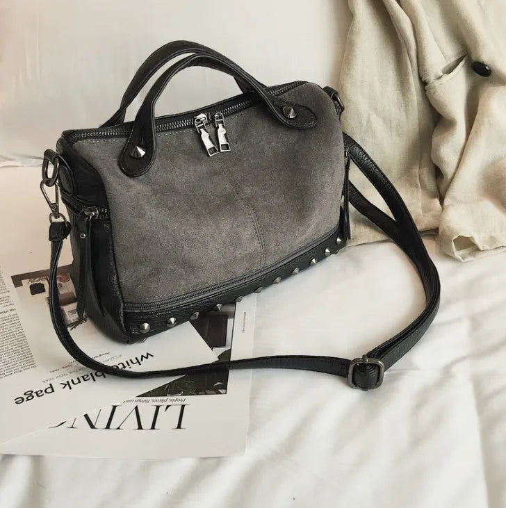 Soft PU leather women's casual tote shoulder bag in black, brown, or grey with zip closure.
