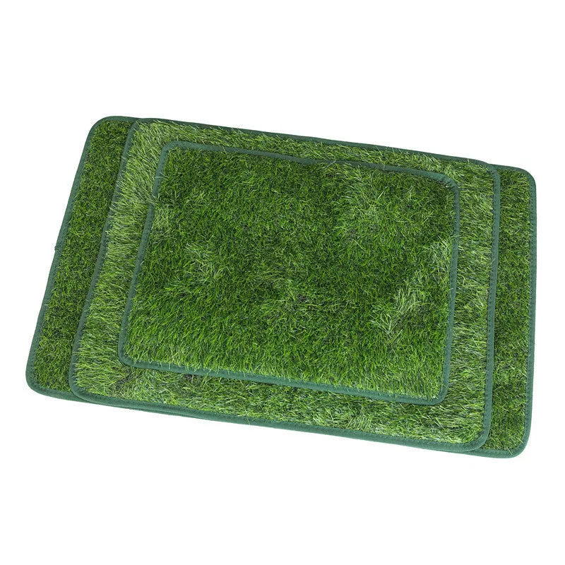 Green realistic dog grass pee training pad with waterproof backing, shown in small, medium, and large sizes.