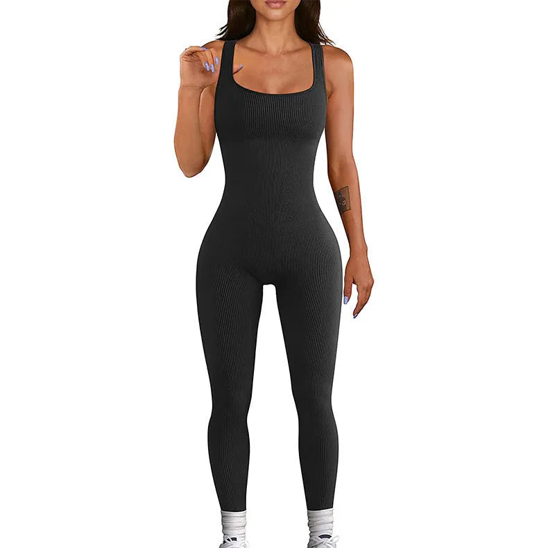 Women's long sleeve spandex suspender tank top tights with button details on a mannequin.