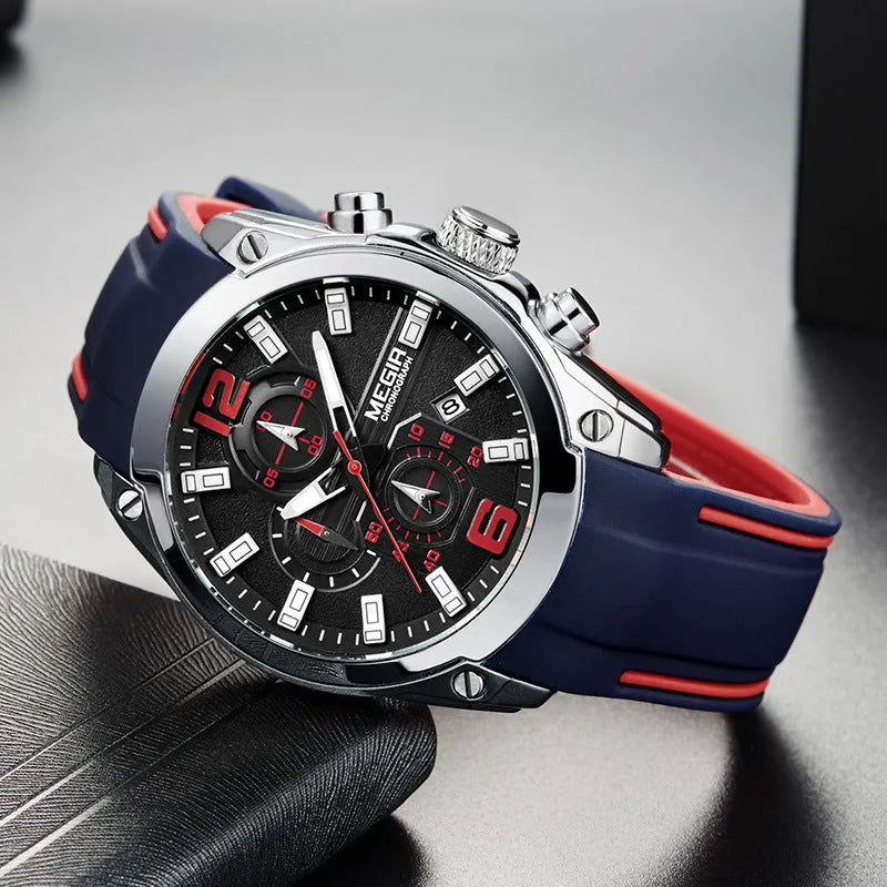Multifunctional quartz sports watch with 46mm dial, silicone strap, and alloy case in black