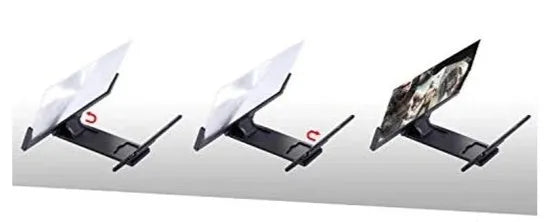 A black magnifying mobile phone stand holding a smartphone, showing the enlarged screen through the acrylic lens.
