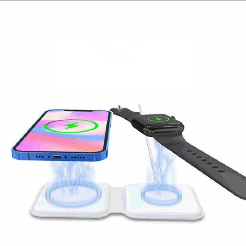 White magnetic wireless charging dock folded into a stand, charging a smartphone.