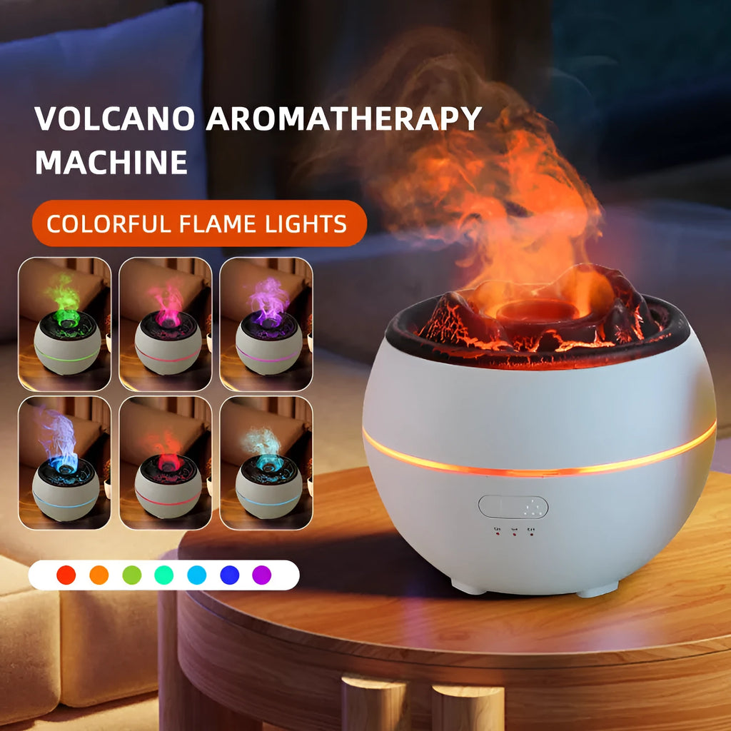 White crack-style flame aroma diffuser on a desk with mist and timer buttons visible