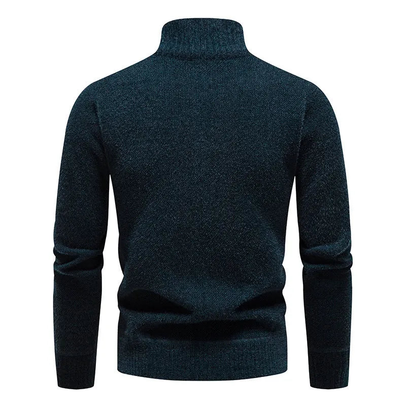 Men's velvet stand collar sweater in thickened fabric, shown in beige, dark grey, black, and navy blue colours.