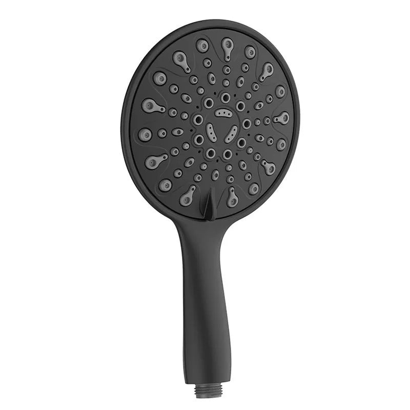 Six-function handheld shower head with electroplated finish and 6-inch diameter face.