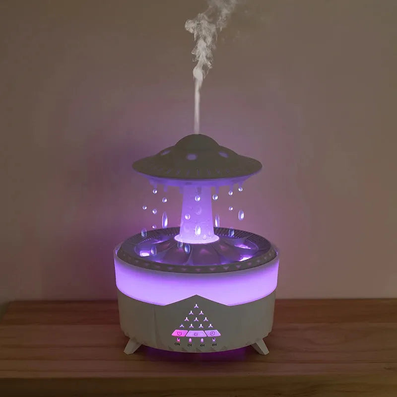 UFO-shaped cloud humidifier with rain drop sound and 7-colour night light