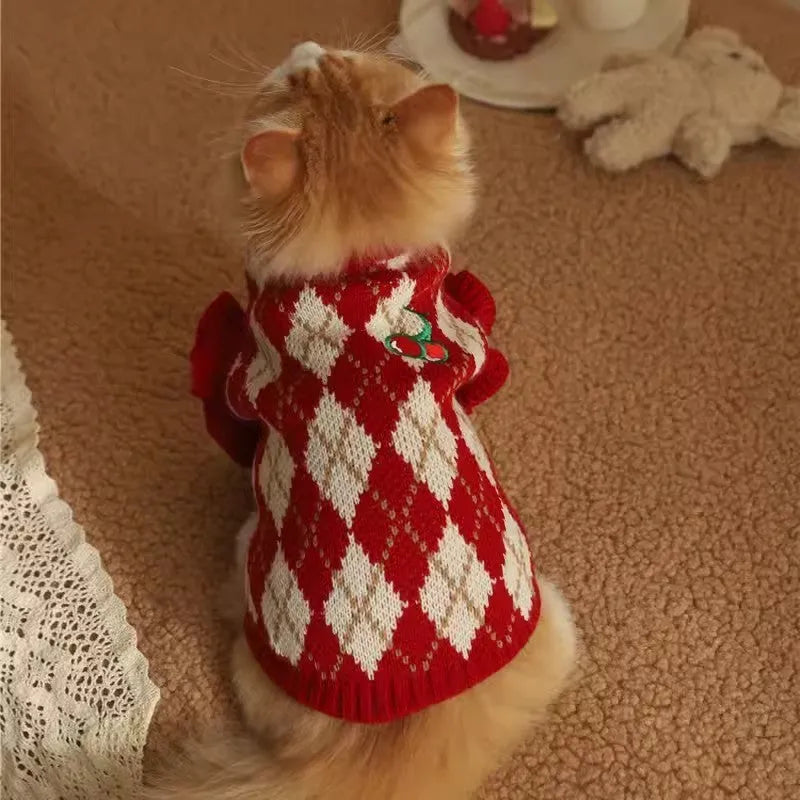 Red cat sweater with rhombic cherry embroidery, showing front view of autumn winter pet clothing