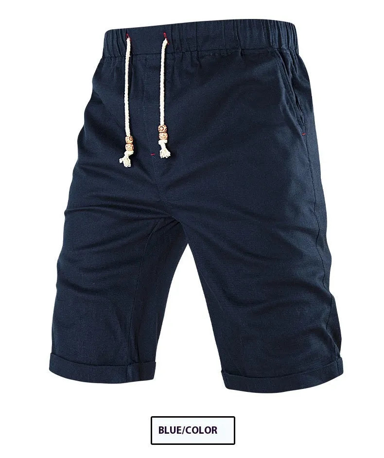 Men's cotton-blend casual shorts in khaki with a drawstring waist and zipper pocket.