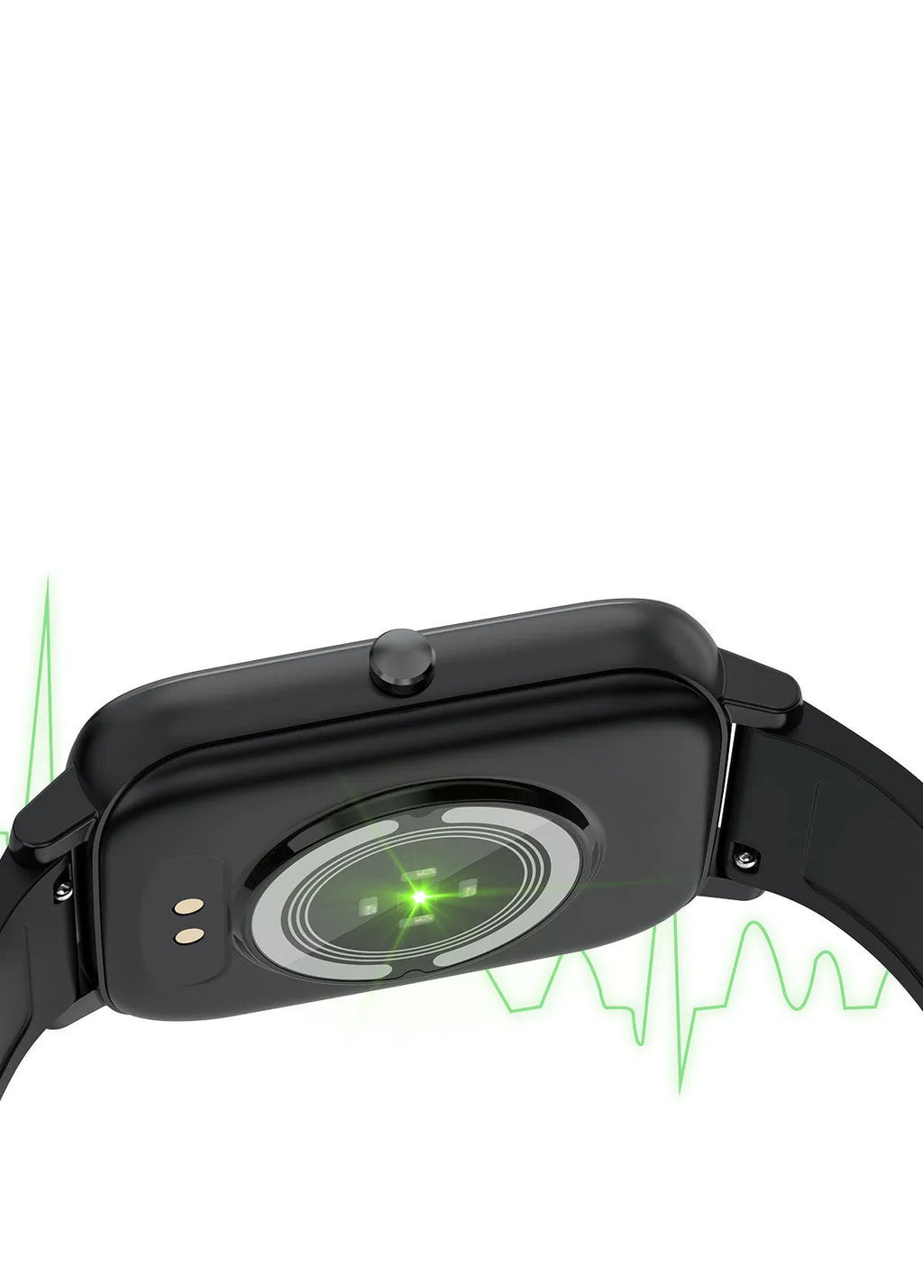 H80 black smart watch with spherical glass screen showing heart rate and time on a silicone strap