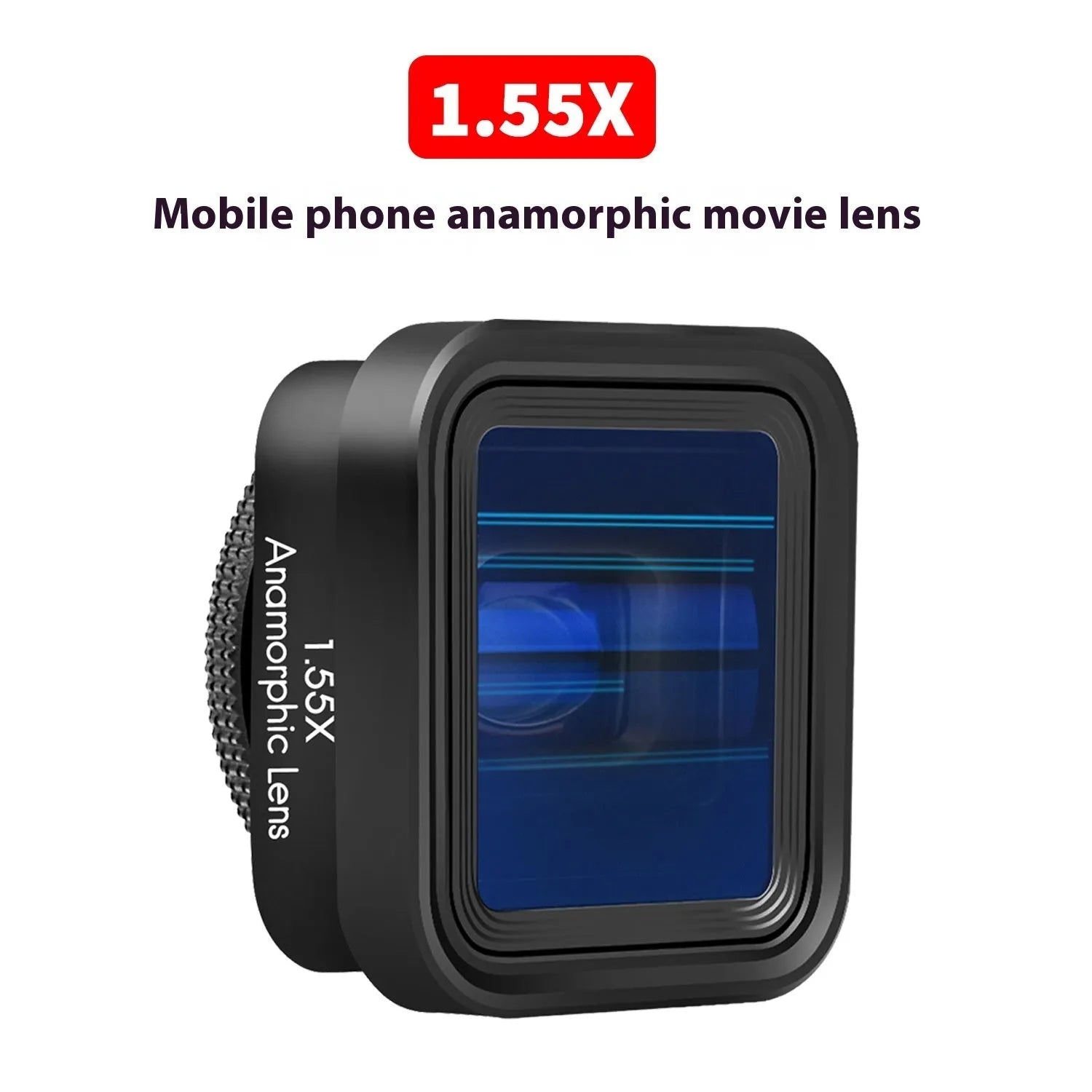 Black SANYK 1.33x anamorphic lens for smartphones to record cinematic widescreen video.