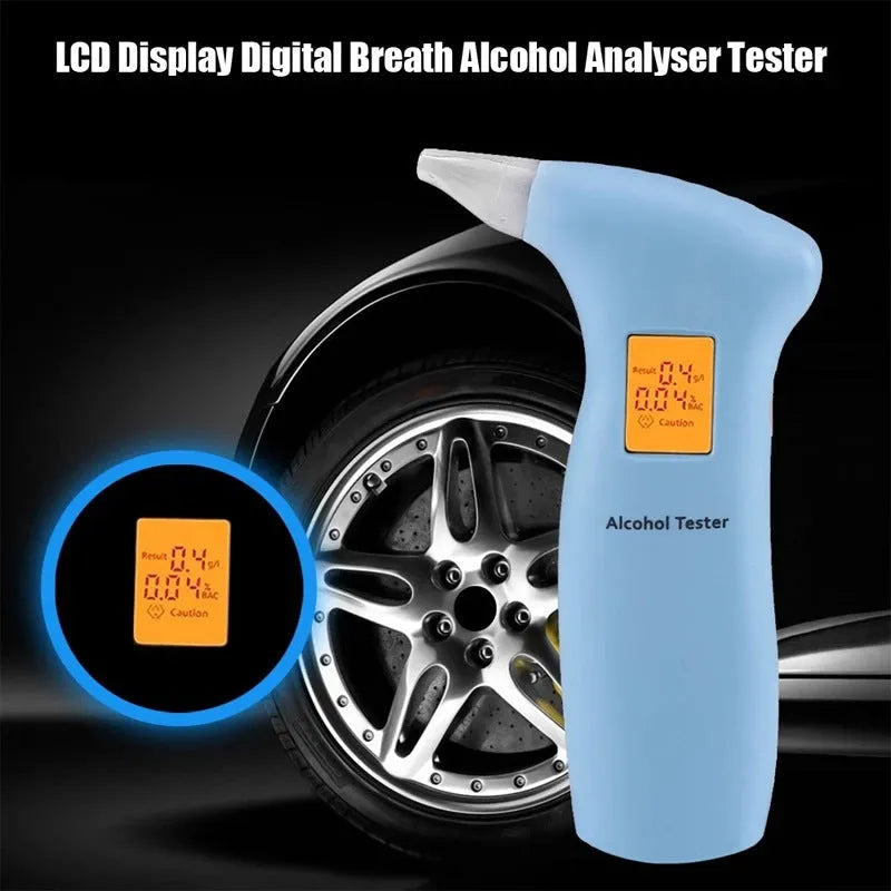 Portable orange LED breath alcohol tester with dark grey case and four white mouthpieces.