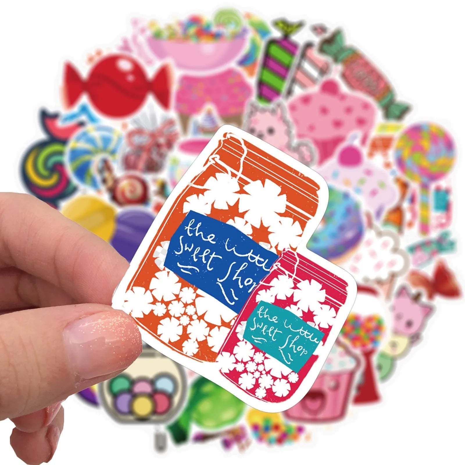 Candy series graffiti colour adhesive stickers pack with cartoon cute designs, 50 sheets each 4-6cm