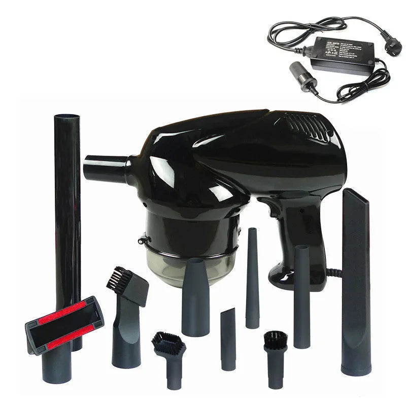 12V 100W hand-held dry wet vacuum cleaner with 6-metre cord and cigarette lighter plug sitting on car seat