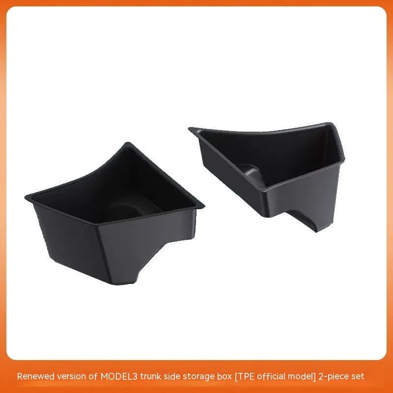 TPE storage box covers for Tesla Model Y and Model 3 trunk side compartments.