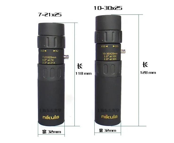 Nicholas 10-30x25 telescope in black, collapsed size 127mm, with zoom ring and rubber grip