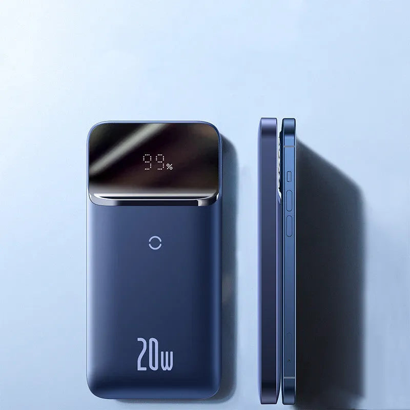 Blue MagSafe magnetic wireless power bank with LCD display showing battery percentage