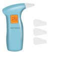 Portable orange LED breath alcohol tester with dark grey case and four white mouthpieces.