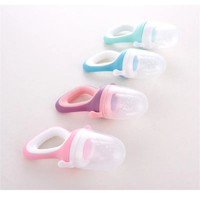 Baby Bite food grade silicone and PP teether set in blue, green, and pink with cartoon design, available in three sizes