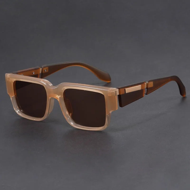 Retro square thick frame sunglasses with blue frame and gray blue lenses.